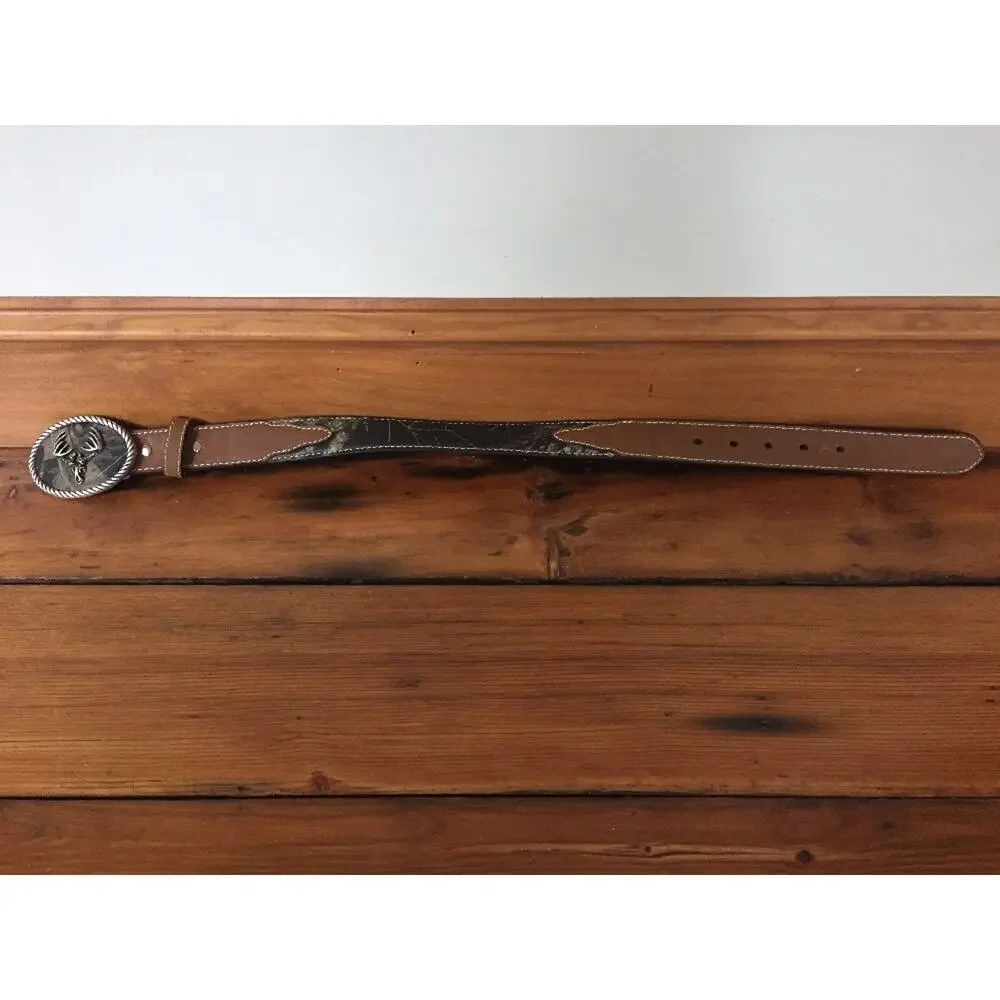 Nocona Belt Company Modern Camo & Brown Leather Metal Deer Skull Belt Kids Sz 18